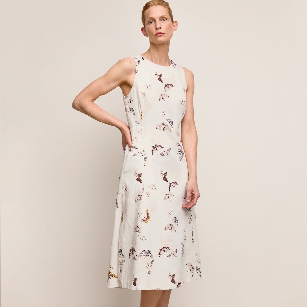 NWT 6 MM LaFleur Estela A-Line Dress in cream butterfly print Airy Cotton
